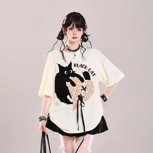 美式 穿搭设计感宽松超火好看上衣 甜美可爱卡通印花短袖 t恤女夏季