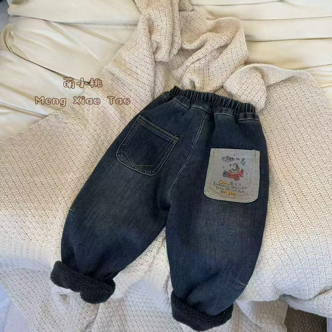 2025萌小桃男童飞机秋冬新款羊驼绒牛仔裤直筒幼儿园裤子加绒绒韩