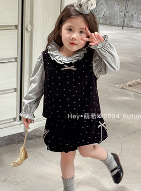 2024秋季新款韩版萌希女童花边领打底黑色波点无袖短裤套装
