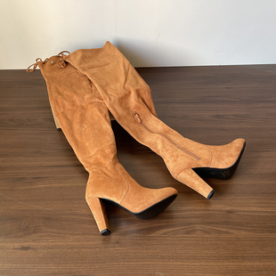 外贸大码 女靴欧美街头走秀过膝靴子 高跟绒面弹力靴女2025粗跟时装