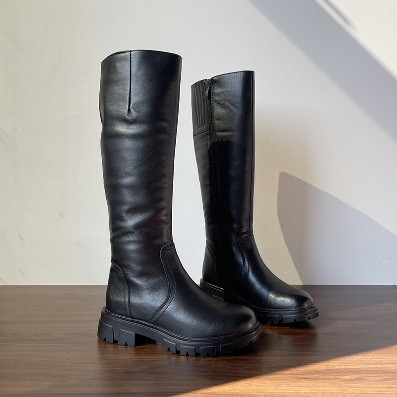 牛皮羊毛长筒靴女秋冬真皮骑士靴
