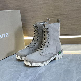 很帅气德国单2025新款 欧美布面加绒短靴女 平底系带马丁靴外贸大码