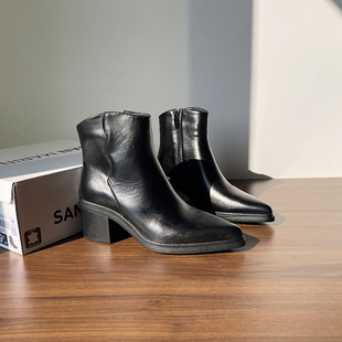 外贸头层牛皮粗跟尖头西部靴女2025大码 复古简约黑色裸靴牛仔短靴