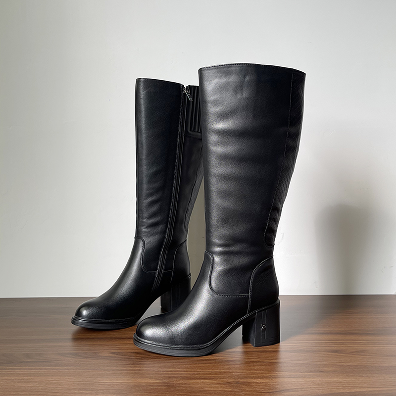 真皮俄罗斯胖mm圆头粗跟高筒靴