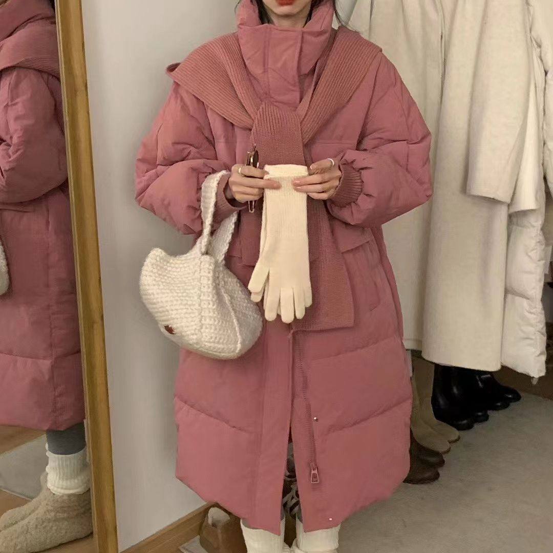 2025韩系冬季宽松韩版立领针织帽披肩收腰中长款羽绒服百搭外套潮