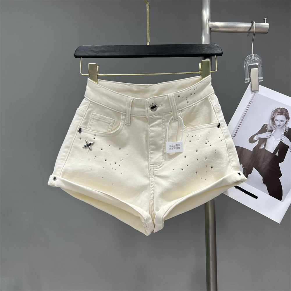 时髦女装洋气烫钻辣妹风卷边牛仔短裤秋装韩版低腰阔腿裤A字热裤