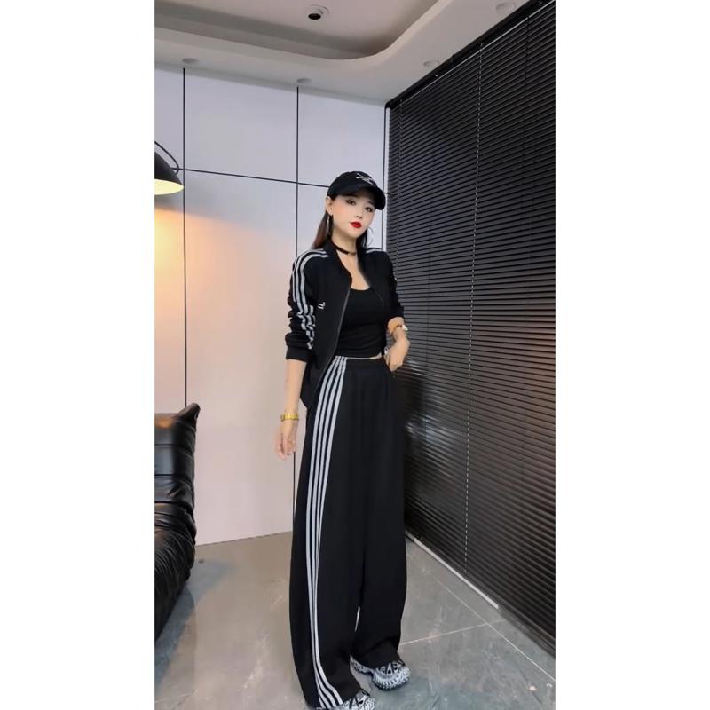 2026春秋新品休闲运动套装女韩版洋气减龄拼接条纹上衣裤子两件套