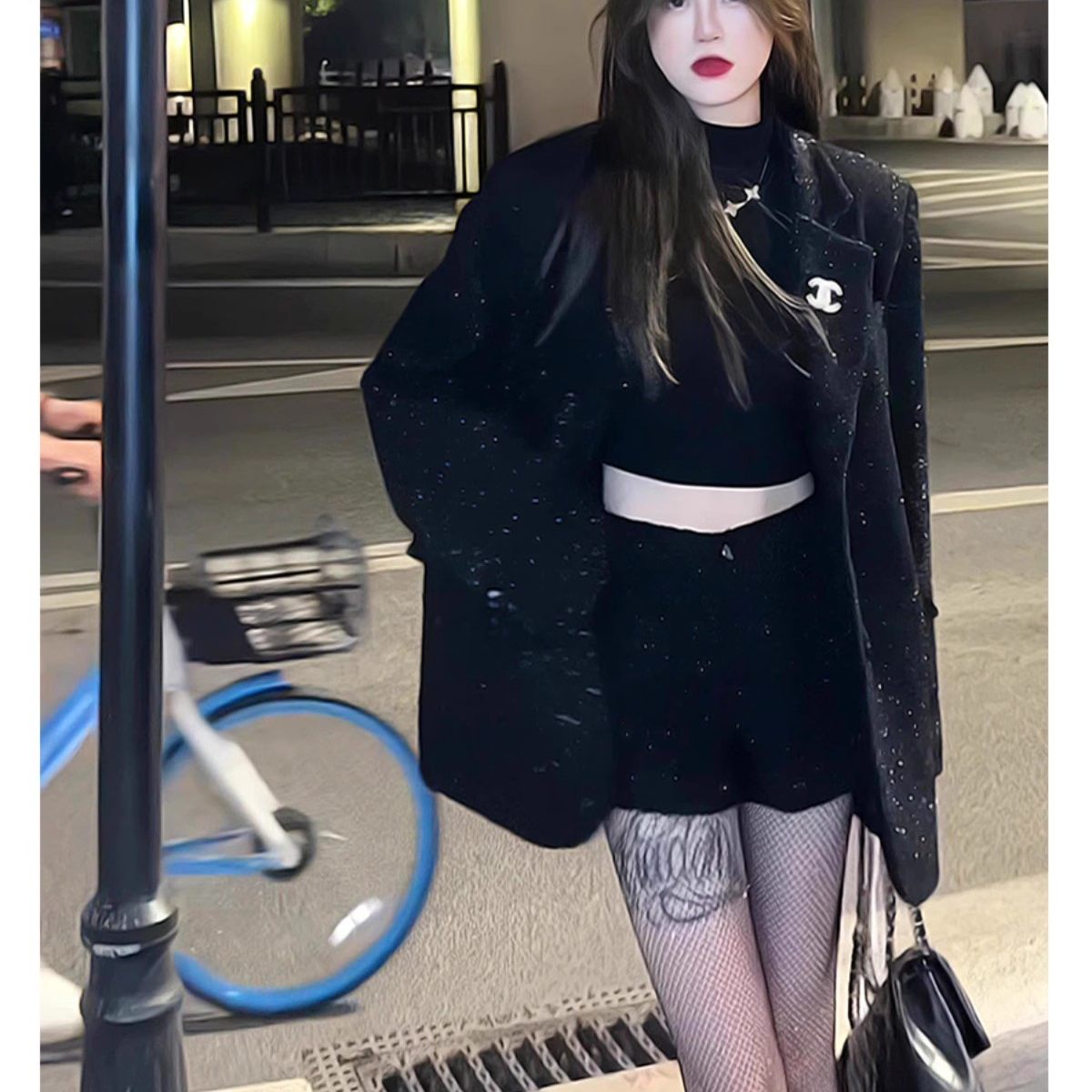 2025秋冬季新款宽松气质小西服高级感黑色亮闪闪夹棉西装外套女