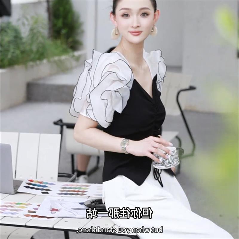 2026夏季网红新品职业两件套女设计感重工泡泡袖显瘦上衣+阔腿裤