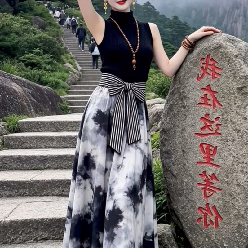高端百搭显瘦两件套2026秋季新品修身无袖高领打底衫印花半身裙