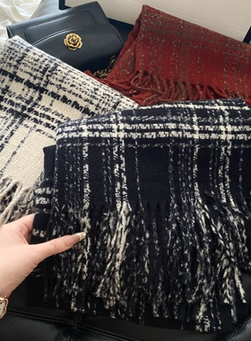 高品质红色小香风格纹羊毛针织围巾女百搭氛围感保暖围脖披肩秋冬