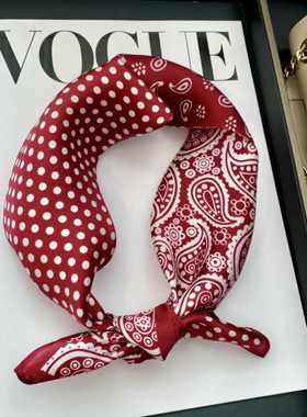 红色波点100%桑蚕丝小方巾真丝丝巾女春秋搭配衬衫护颈脖领巾围巾