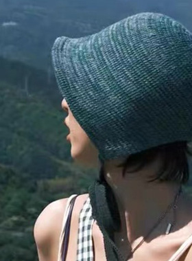 倪妮同款飘带蓝色渔夫帽子女春夏季针织透气大头围显脸小盆帽百搭