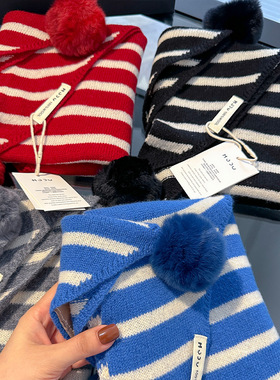 圣诞红色100%全羊毛条纹三角巾！可拆卸毛球保暖围巾披肩围脖秋冬