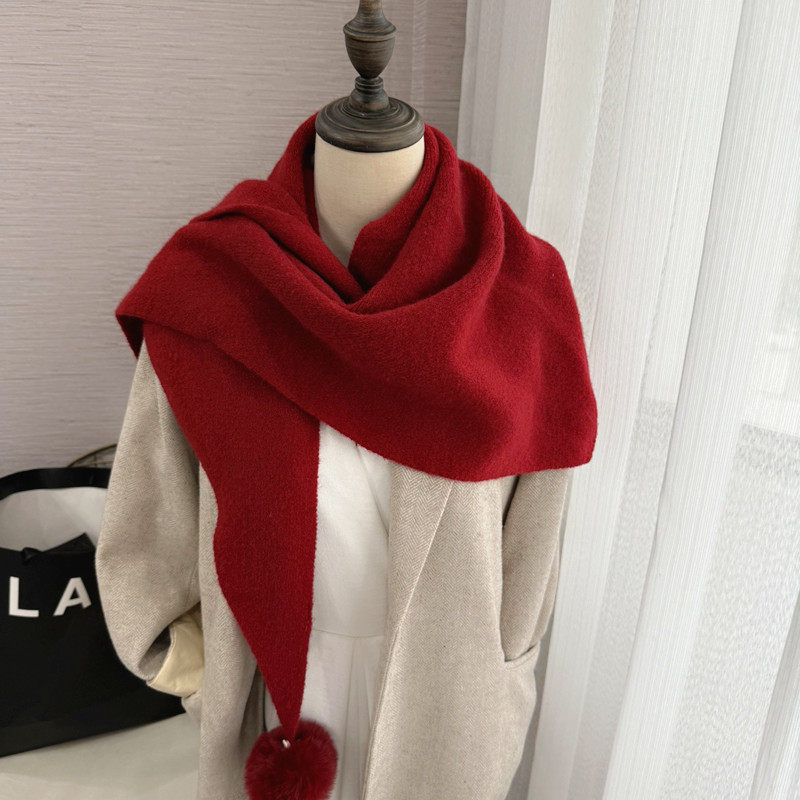 新年红色毛球含羊毛针织三角巾女秋冬季护颈搭肩毛线围巾保暖围脖,服饰配件/皮带/帽子/围巾,围巾/丝巾/披肩,淘宝优惠券,粉丝福利购,淘宝优惠卷