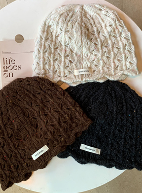 100%澳洲纯羊毛针织帽女秋冬季百搭镂空花边冷帽保暖护耳毛线帽子