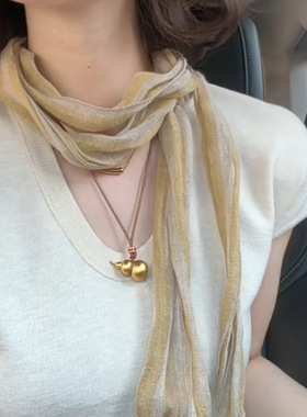 日系100%亚麻黄色条纹小领巾女细窄长条配T恤裙子薄款系脖小丝巾