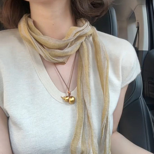 100%亚麻黄条纹薄款领巾系脖丝巾