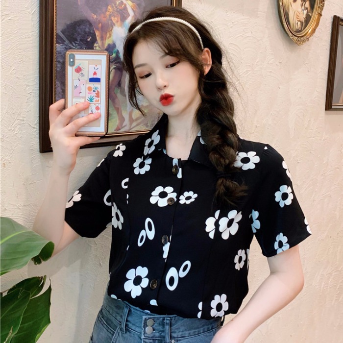 實拍短袖花襯衫女古着感港風夏季設計感小眾韓版寬鬆大碼學生襯衣