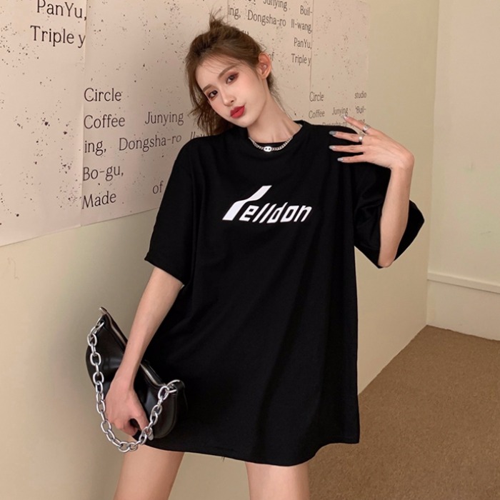 Short sleeve t-shirt female student's fashion Korean style loose letter medium long net red large size lazy style summer coat
