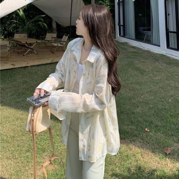 Floral Shirt women's tie dyed summer long sleeve thin Korean loose sweet Chiffon sunscreen shirt large trend top