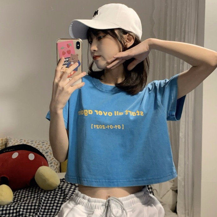 棉短袖恤少女感短款復古顯瘦可愛辣妹學生韓版修身露臍上衣夏季