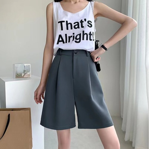 Suit Shorts Women Summer Thin High Waist A Skinny Casual Pants Straight Tube Hong Kong Taste Sports Wide Leg 5-quarter Pants