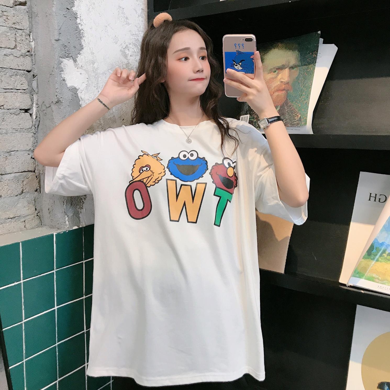 Real shot cotton short sleeve t-shirt female student retro Hong Kong original suzerain loose medium length large version CEC printed top female student