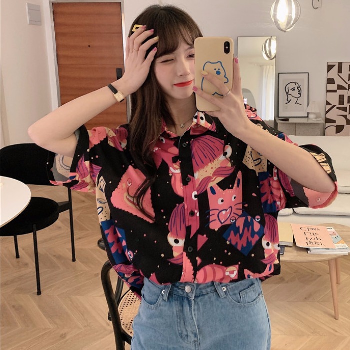 Japanese shirt summer loose and thin flower print short sleeve shirt women's Retro top