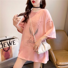 兔子燙鑽壓花短袖恤女學生夏新款中長款韓版寬鬆大碼上衣