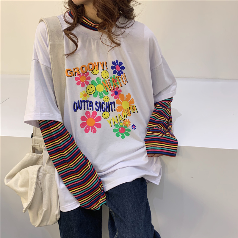 Real shooting long sleeve T-shirt women's spring and summer vacation two pieces of large size stitching design