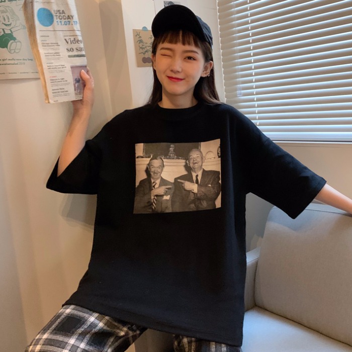 棉短袖t恤古着感少女夏韓版寬鬆百搭大碼cec中長款慵懶風學生上衣