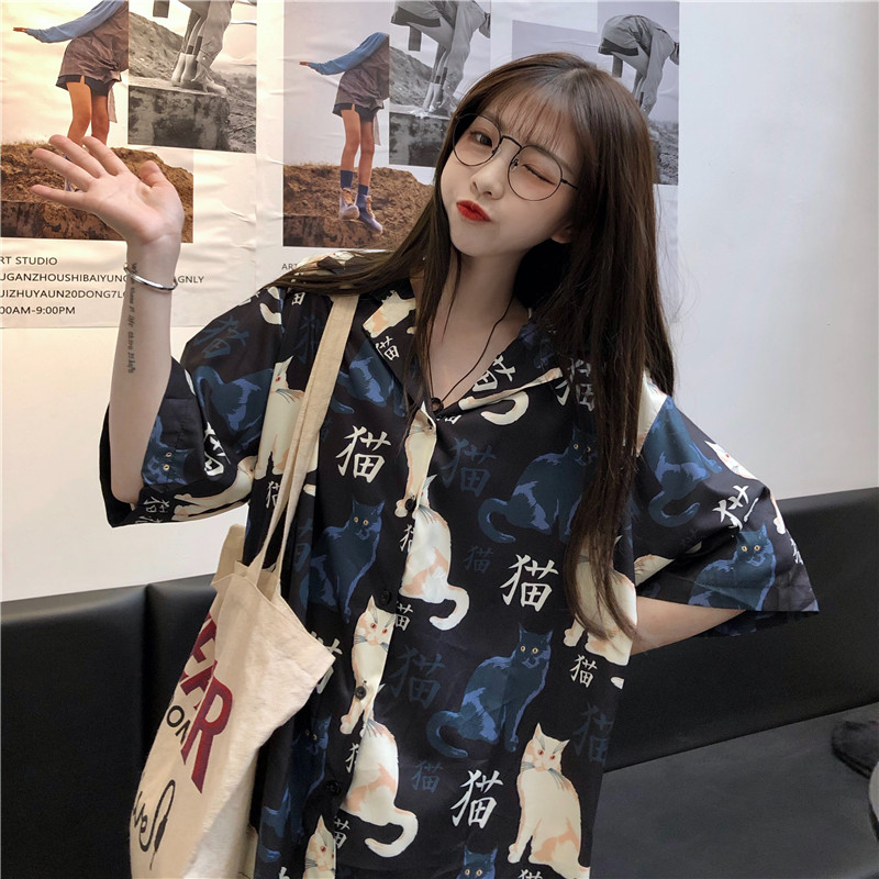實拍超火cec泫雅風花朵襯衫印花上衣復古冷淡風百搭衣襯衣ins夏潮