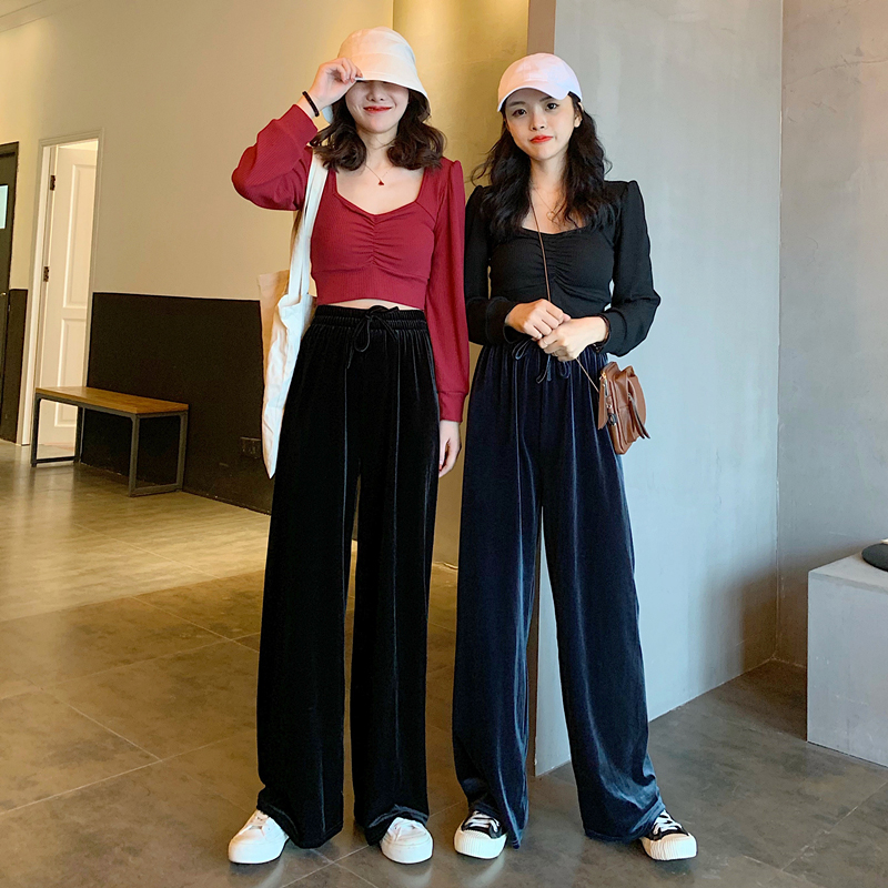 Plush wide leg pants women's autumn and winter high waist loose drop down feeling straight tube black pants casual oversize mopping pants