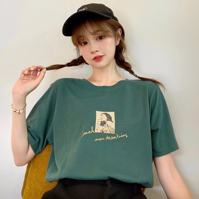 Retro Hong Kong Style Short Sleeve T-Shirt women's loose Korean version ins trendy Harajuku style chic Hong Kong flavor strange girl's top body