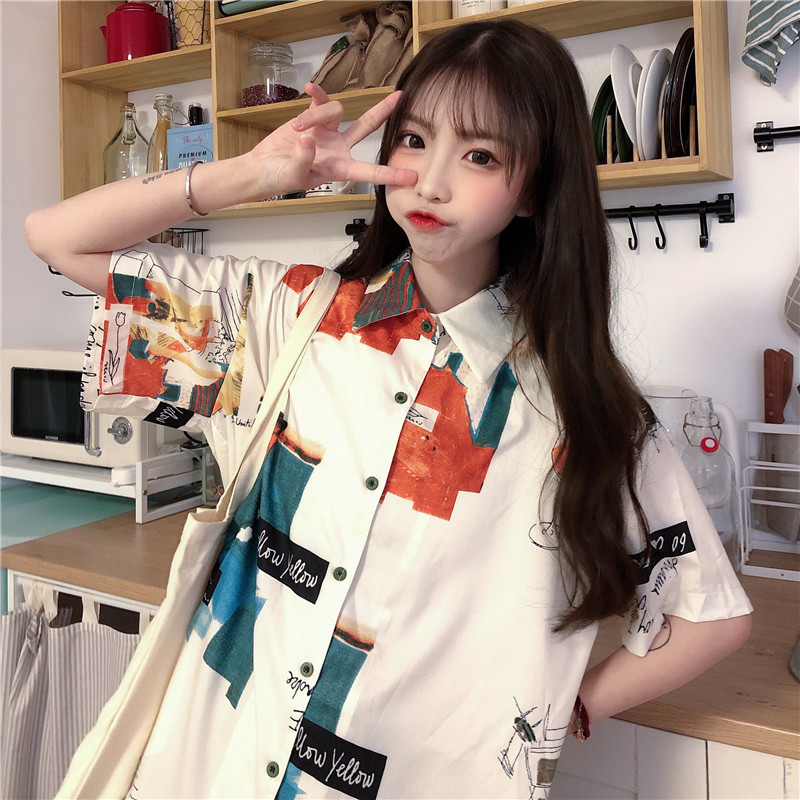 Real shot super fire CEC elegant style flower shirt print top retro cool style versatile shirt summer tide