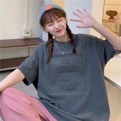 短袖恤女壓花港味寬鬆韓版大碼原宿風中長款上衣夏