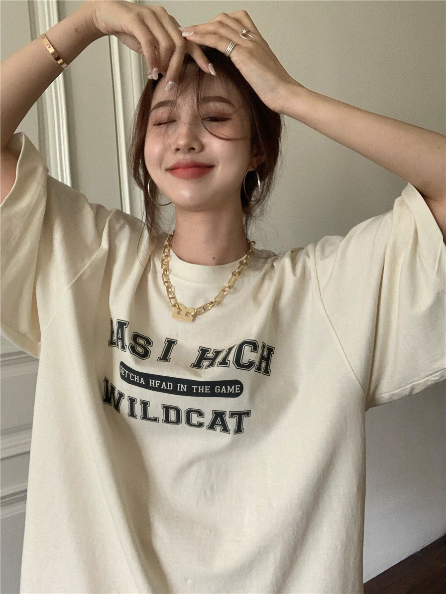 New women's simple short sleeve T-shirt women's summer letter printing loose Korean fashion round neck top