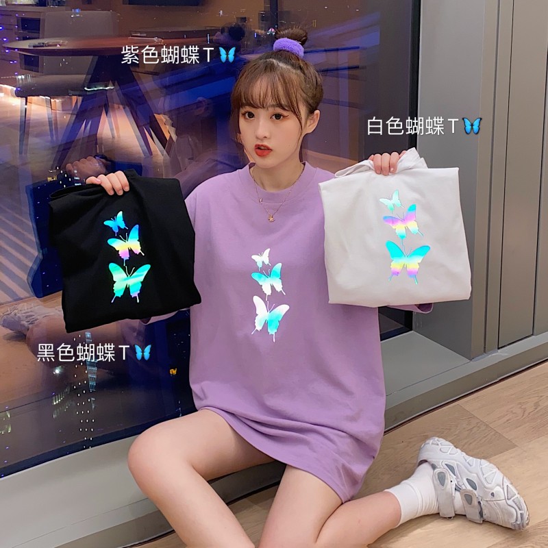 Cotton short sleeve t-shirt female summer Korean fashion student loose design butterfly undershirt missing large size top