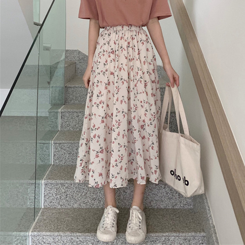 French floral skirt women 2022 new summer high waist design small crowd skirt A- line skirt long skirt