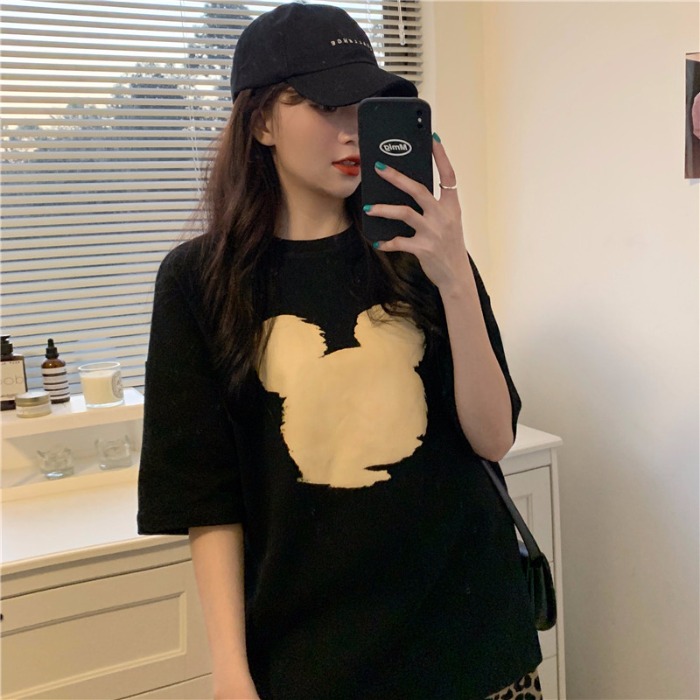 Cotton short sleeve t-shirt female student Korean fashion loose medium length large version lazy style versatile large size base coat