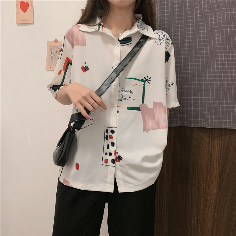 Real shot hong kong Fenghua shirt women's short sleeve retro summer strange taste girl's shirt minority half sleeve printed top