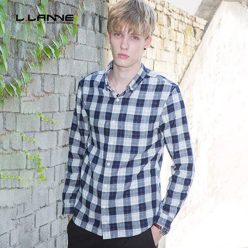 蓝白格子文艺长袖衬衫