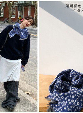 原创日系秋冬复古文艺蓝灰色印花围巾气质优雅大方保暖护颈围脖女