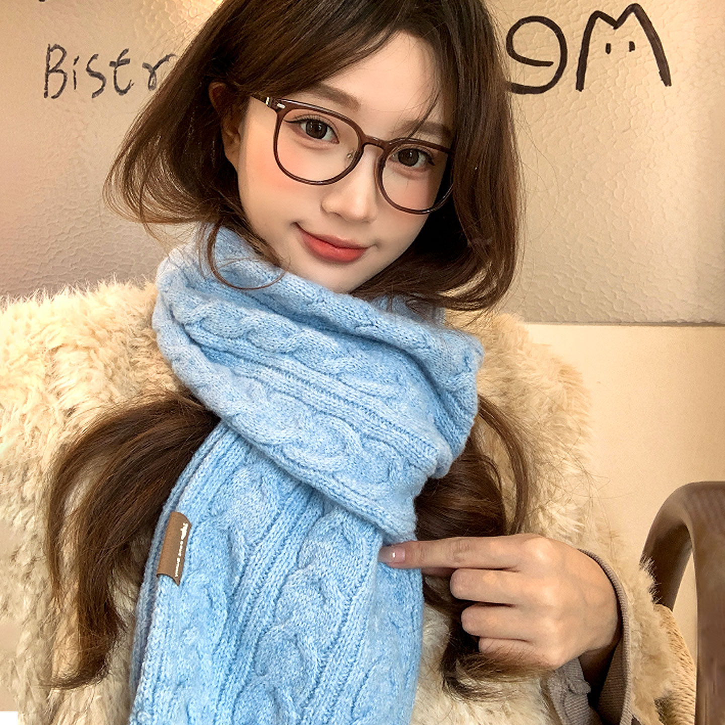 围巾女冬季高级感蓝色百搭保暖加厚学生情侣复古麻花毛线针织围脖