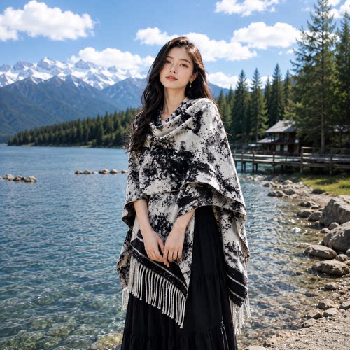 民族风水墨画披肩女士春夏仿羊绒流苏斗篷外搭旅游保暖高级感围巾
