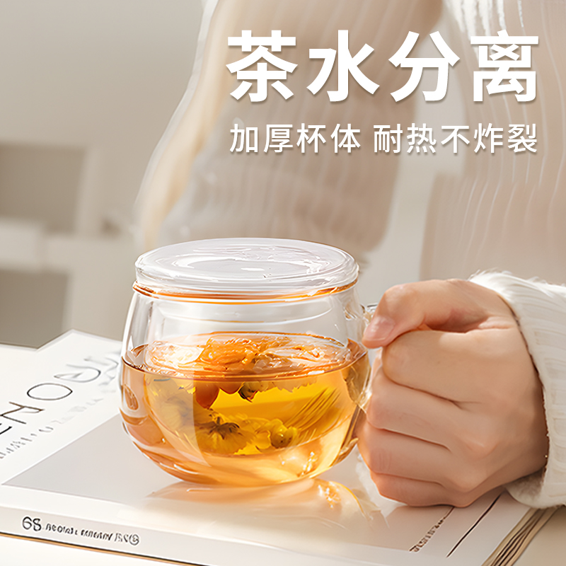 捷安玺水杯玻璃杯女家用2025新款办公室泡茶杯茶水分离杯花茶杯子