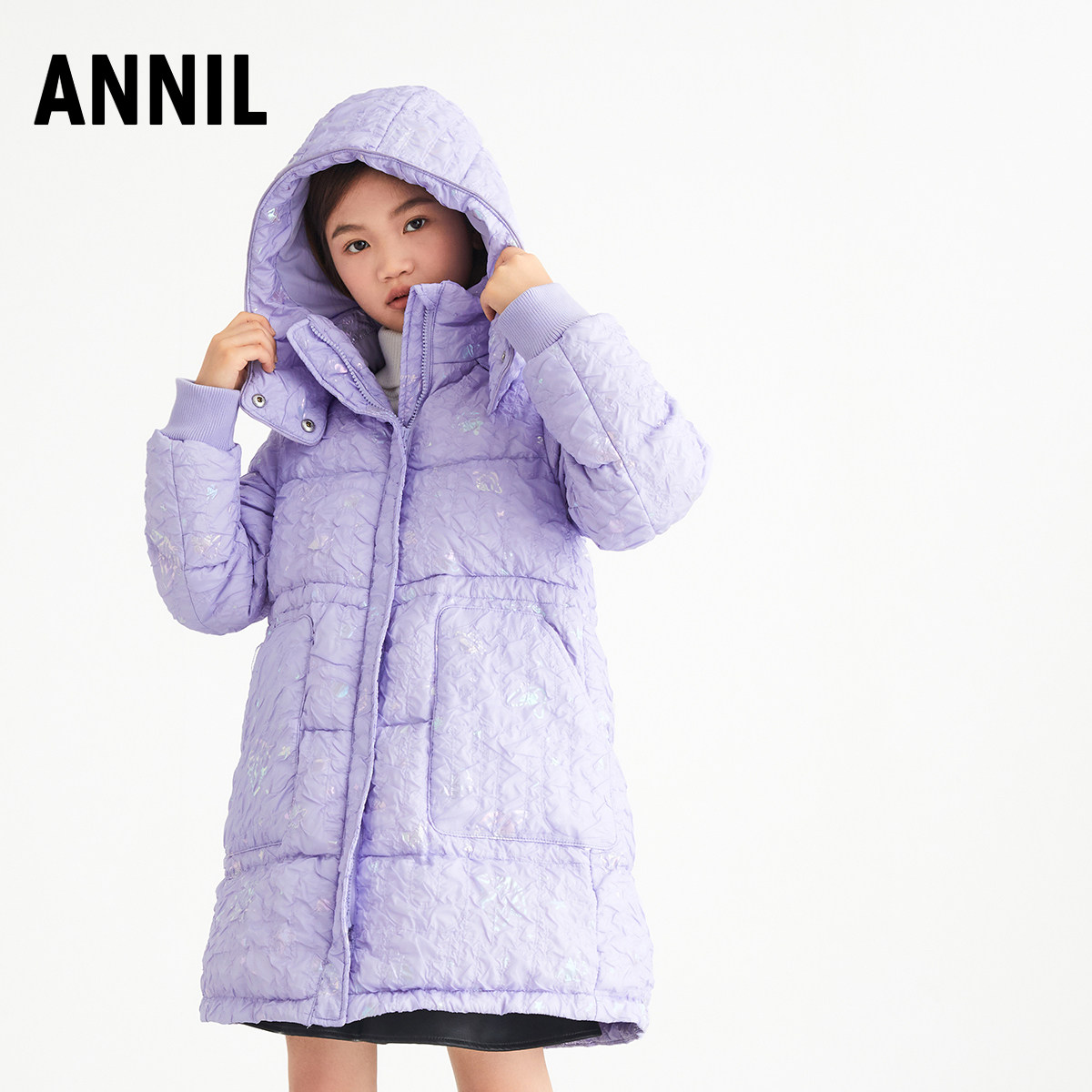 安奈儿童装女童连帽长款羽绒服冬季款学生时尚加厚保暖外套
