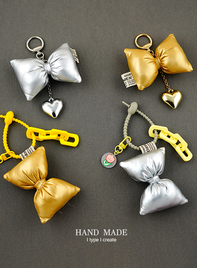 包邮ins韩国东大门灰色系金色漆皮蝴蝶结件钥匙链包包挂件车饰品