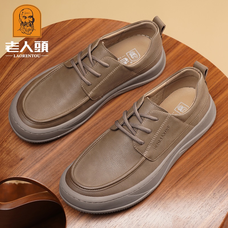 老人头卡其色真皮男鞋软底2025新款舒服老年人爸爸鞋厚底休闲皮鞋